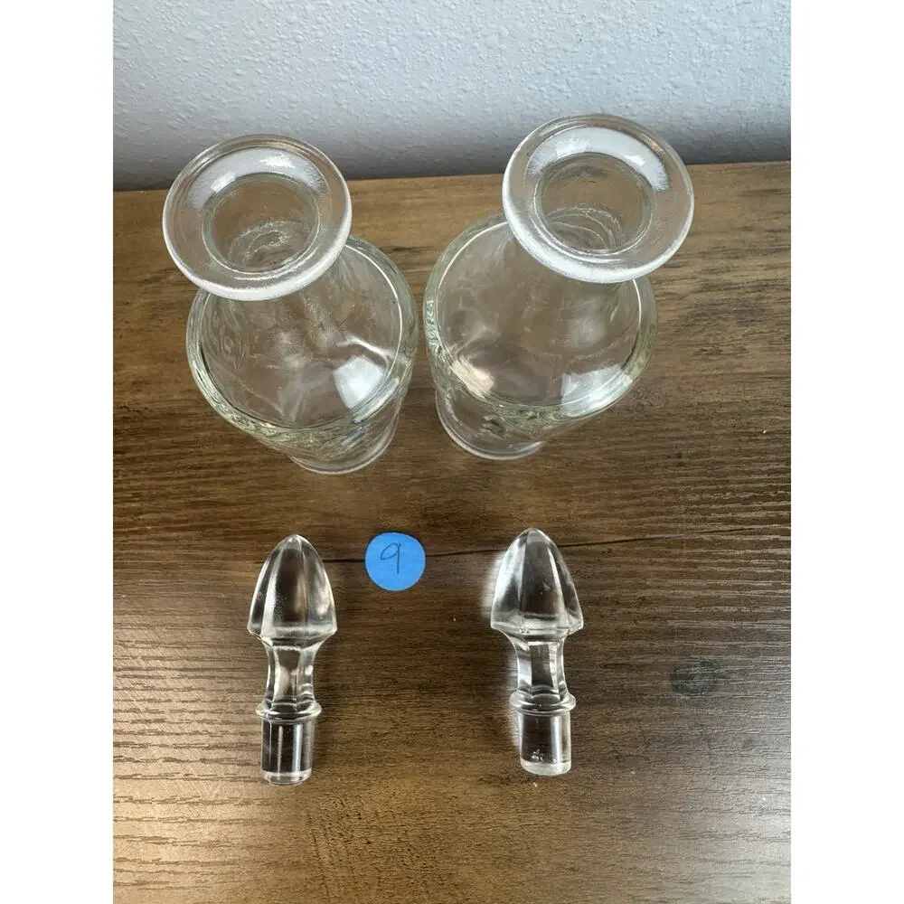 MCM Pair vintage leaf Janette glass decanters with stoppers 10” tall